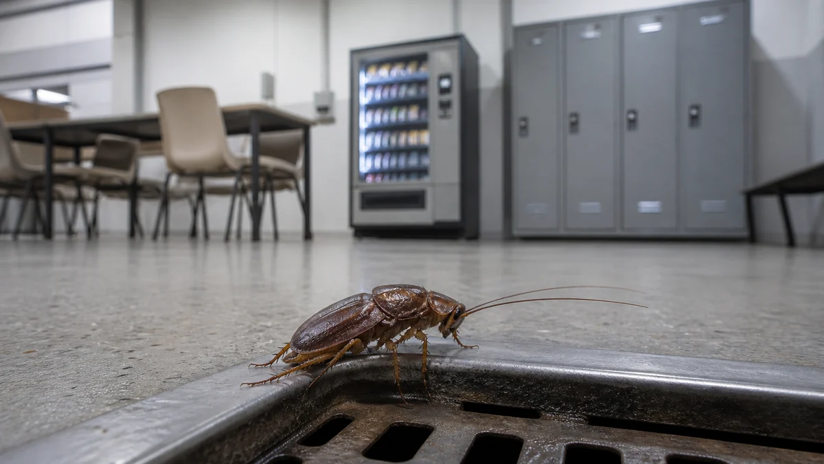 Comedor y vestuario limpios de una nave industrial con máquina de vending y desagüe de suelo